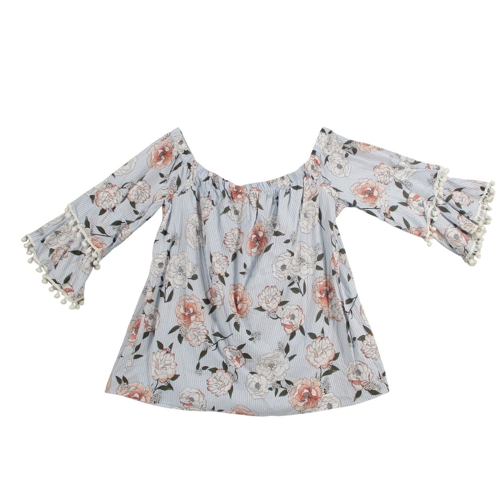 Plus NY-LA Womens 3X Floral Striped Off Shoulder Bell Sleeve Pom Pom Blouse Blue